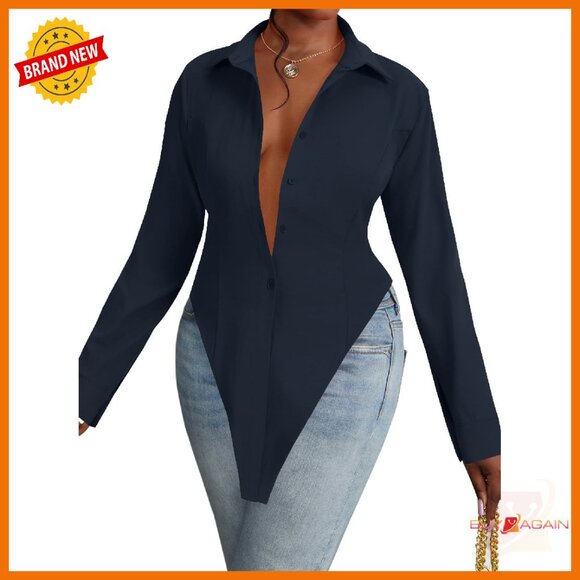 Tops - Long Sleeve V Neck Button Down Tunic Top with Slit Hem